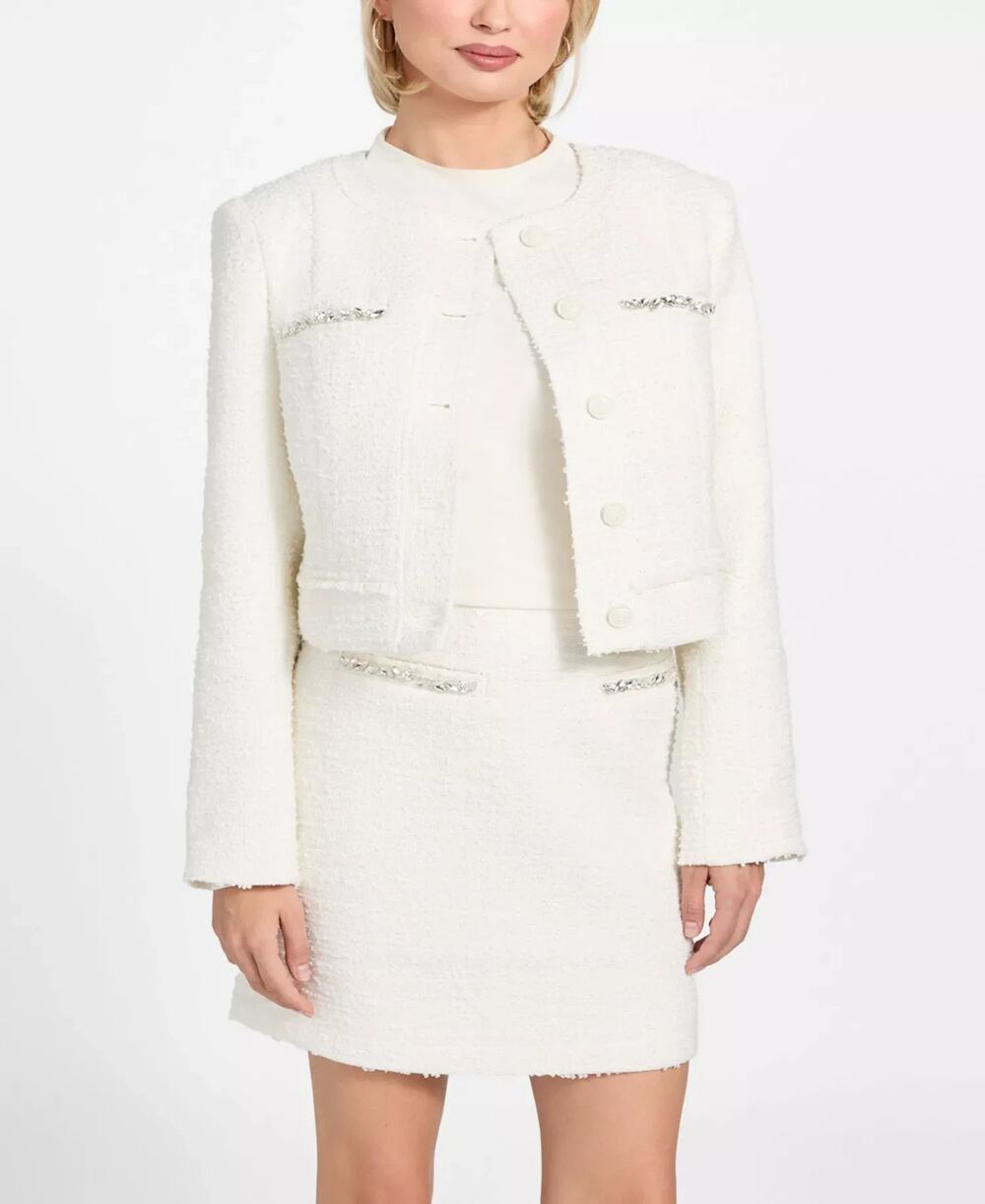 GUESS Women's Clotilde Tweed Cropped Jacket Cream Size XL 3730
